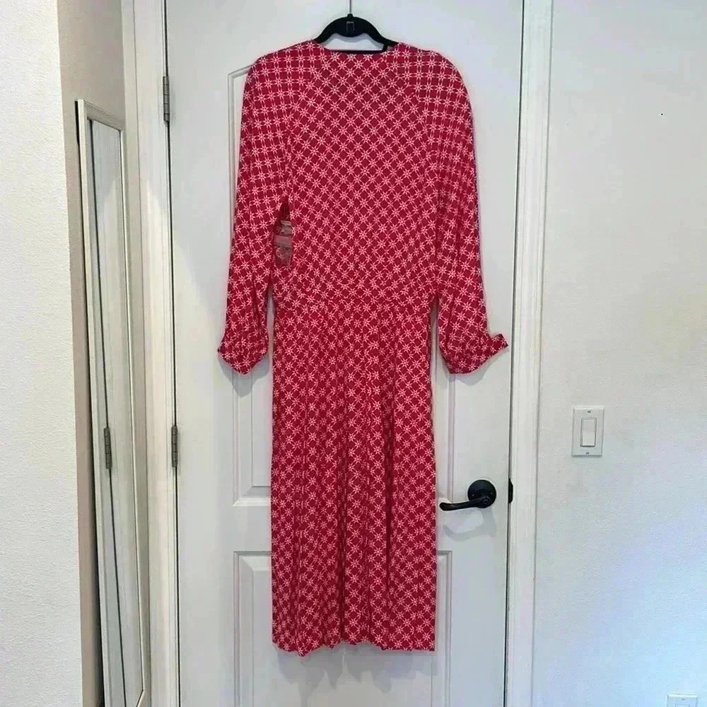 Vtg NWT Halston III Star Print Button Up Maxi Dress Fuchsia Shoulder Pads Sz 14 - Picture 9 of 9
